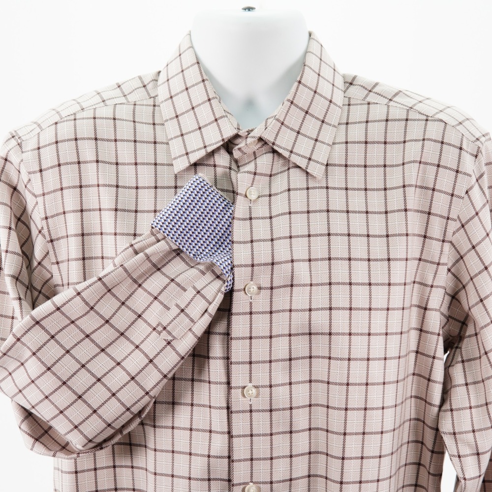 Egara Men's Large Non-Iron Slim Fit Tan Cream Check Collared Dress Shirt Cotton